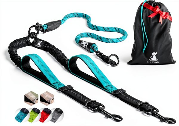 SparklyPets Double Dog Leash Adjustable Premium Silver Gold Bungee-0