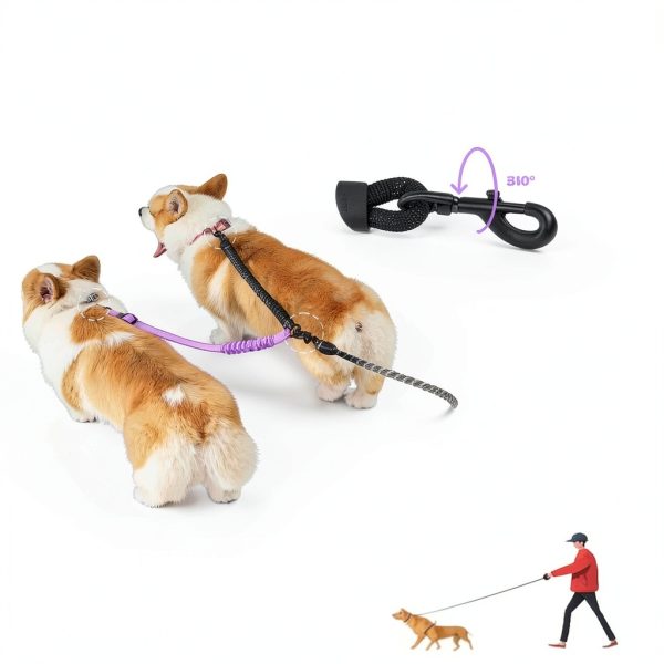 Dog Double Leash LEOSASA Bungee Nylon Swivel Adjustable Splitter-3