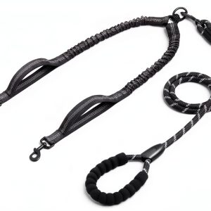 iYoPets Double Dog Leash with Bungee Extension, 30in Rope, Black/Blue-0