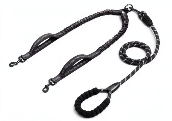 iYoPets Double Dog Leash with Bungee Extension, 30in Rope, Black/Blue-0